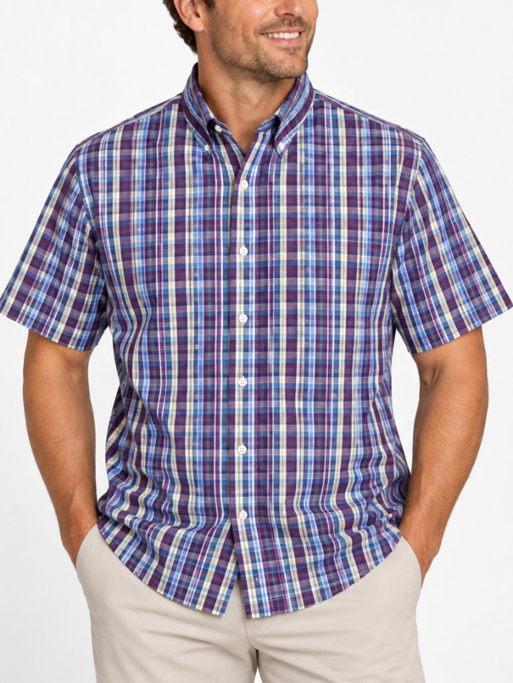 Peter Millar Men's Short Sleeve Plaid Button Down 100% Cotton Purple Blue - XL